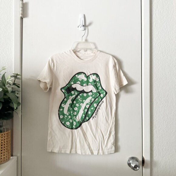 ☀️ ROLLING STONES Short Sleeve Shamrock Tee Shirts Cream Women's XS Band Graphic - Picture 2 of 4